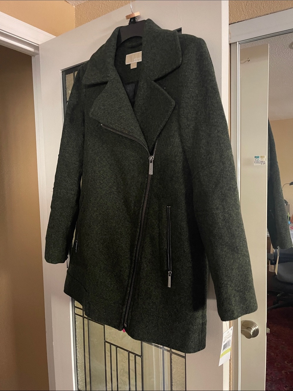 Michael Kors Dark Green Wool-Blend Pea Coat with Asymmetric Zip
